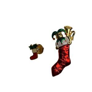 Christmas Stocking Jester Brooch Pin Enamel Red Green Gold Tone Holiday Gift